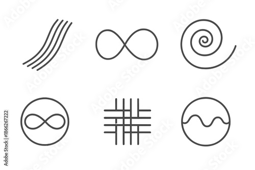 Temporal String Art. Line style round vector icons of Temporal Strings: time fiber, looping moment, spiral knot, endless curve,