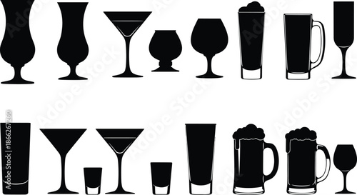 Glassware silhouette collection featuring black and white vector designs of various drinking glasses including martini beer mugs wine flutes and cocktail tumblers.