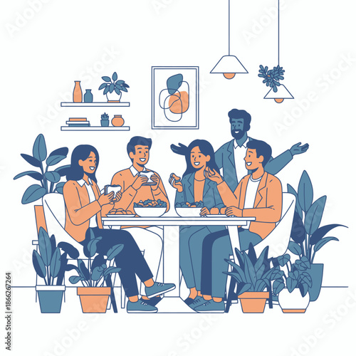 Happy young professionals laughing and eating lunch together in a stylish office break room, surrounded by plants, depicted in a bright 2D flat graphic illustration