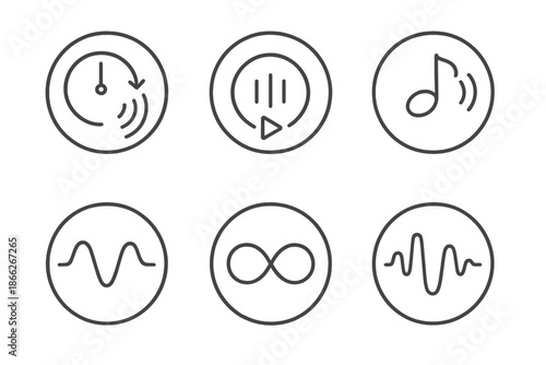Temporal Soundscape Icons. Line style round vector icons of Temporal Soundscape: time echo, repeating pulse, fading beat, looping