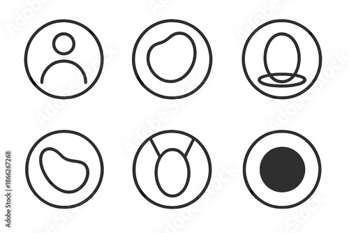Abstract Mass Icons. Line style round vector icons of Abstract Mass: minimal load, floating shape, anchored ring, curved tension,
