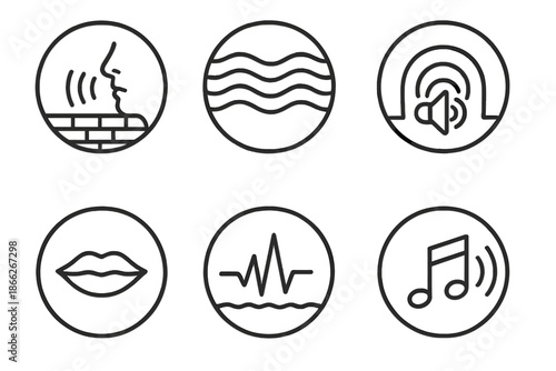 Voices Beneath Icons. Line style round vector icons of Voices Beneath: hidden echo, layered wave, underground sound, silent