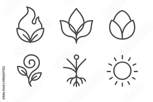 Elemental Bloom Icons. Line style round vector icons of Elemental Bloom: airy flame, water petal, stone seed, wind vine, radiant