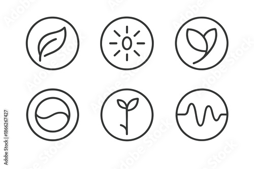 Organic Spectrum Icons. Line style round vector icons of Organic Spectrum: flowing leaf, radiant seed, curved petal, glowing stem,