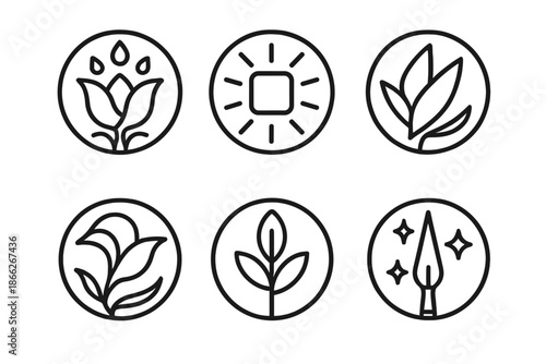 Forged Nature Icons. Line style round vector icons of Forged Nature: molten flower, radiant metal, sharp leaf, curved bloom, solid