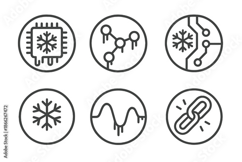 Frosted Tech Icons. Line style round vector icons of Frosted Code: frozen byte, chilly node, glowing circuit, smooth frost, static