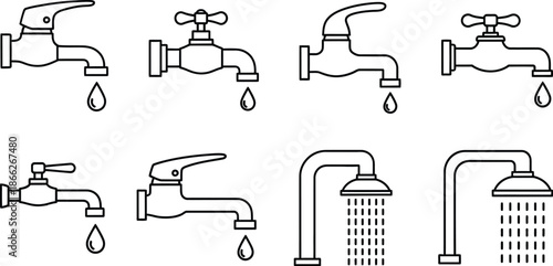 Faucets or taps and showerheads plumbing fixtures vector illustration 