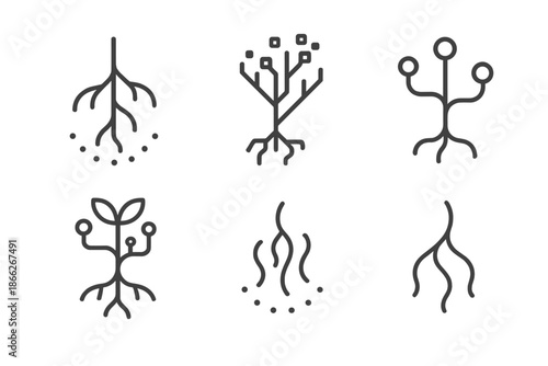 Digital Roots Icons. Line style round vector icons of Virtual Roots: digital branch, glowing vein, pixel root, circuit stem, data