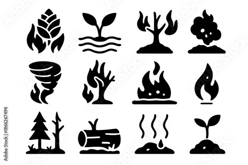 Wildfire Ecology Icons. Solid style icons of Wildfire ecology: fire-adapted cone, new growth, blackened soil, fire tornado,