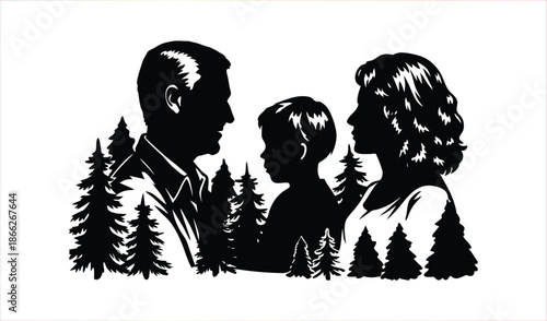 Family Silhouette in Forest - Parents and Child Surrounded by Evergreen Trees - Vector Art