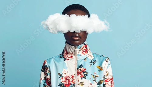Surreal portrait of a human figure floating in mid air, face completely covered by soft white clouds