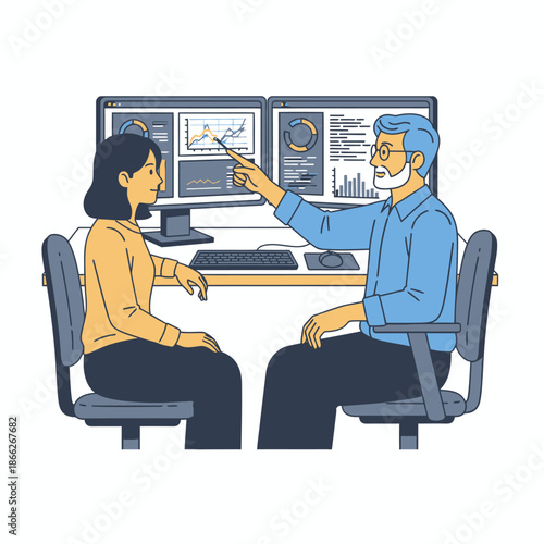 Senior male employee mentoring a new young female hire at a dual screen workstation, pointing at data and giving feedback, rendered in a bright flat 2D graphic style