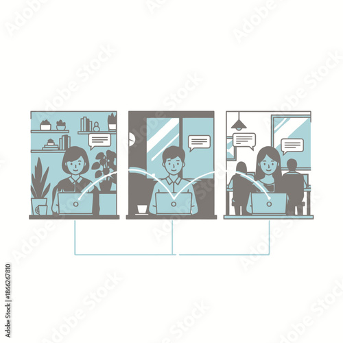 This vibrant flat 2D illustration shows three young professionals successfully collaborating remotely via a unified motion conference call, working simultaneously from a home office, modern desk, and 