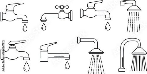 Faucets or taps and showerheads plumbing fixtures vector illustration 