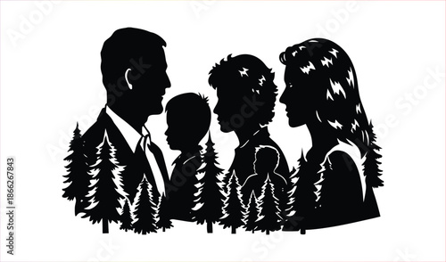 Silhouette of a family of four with trees, representing unity, growth, and nature, standing together.
