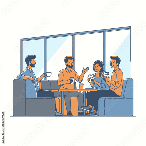 Three colleagues relaxing and laughing during a coffee break in a sunny, vibrant 2D flat graphic office break room scene, emphasizing informal communication