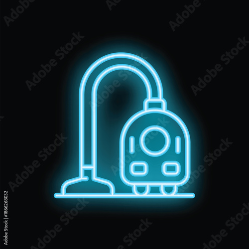 Blue glowing neon icon of a vacuum cleaner standing on a horizontal surface on a black background