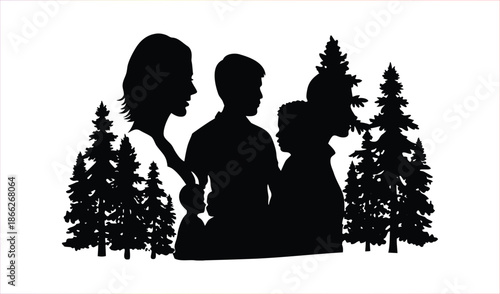 Silhouette of a family with children and pine trees in a forest setting