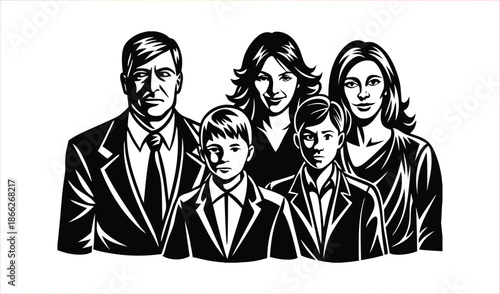 Stylized Black and White Illustration of a Diverse Family of Five Posed Together Professionally