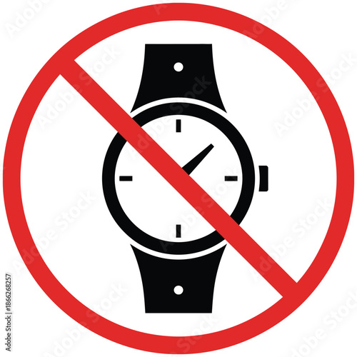 no watch icon showing prohibition of hand watches in flat vector style, ideal for warning signs, workplace safety, public instructions, and restricted zone indicators.
