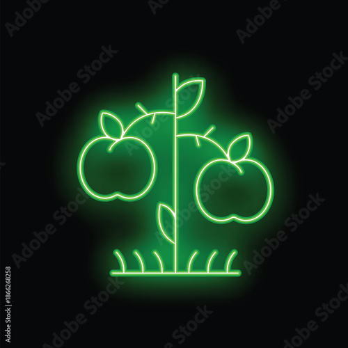 Neon sign of an apple tree growing with two apples, representing concepts such as growth, agriculture, and healthy eating