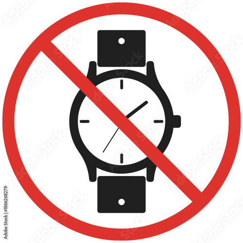 No hand watch icon featuring a flat style do not use watches sign, including no watch time symbol, suitable for restricted areas, safety signage, and instructional graphics.