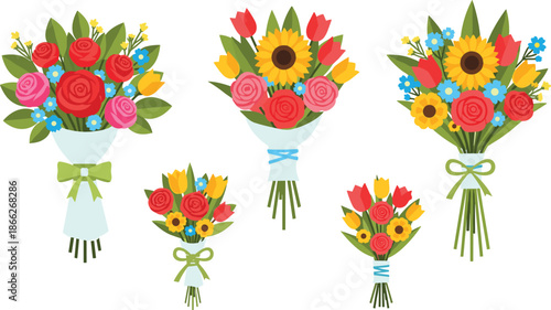 Colorful flower bouquet vector illustration set, roses tulips sunflowers mixed floral arrangements for weddings gifts decorations branding