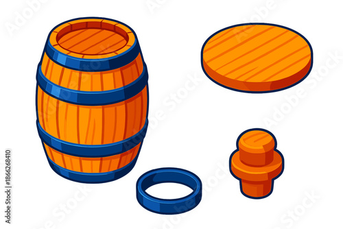 Oak Barrel Components. Isometric vector illustration set Oak Barrel Parts: Assembled staves, bottom head disk, galvanized hoop