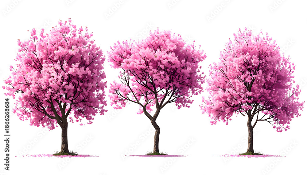 Obraz premium Three digitally rendered cherry blossom trees with vibrant pink foliage against a black background