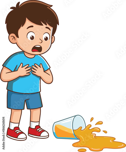 Cute cartoon boy spilling juice illustration, surprised child accident scene, flat kids character design for education stories