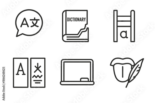 Language and Power Icons. Line style icons of Language and Power: multilingual speech bubble, broken dictionary, language ladder,