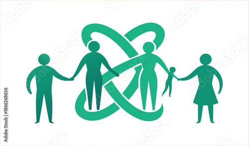 Stylized Family Silhouette Holding Hands Together With Intertwined Green Abstract Shape Symbolizing Unity
