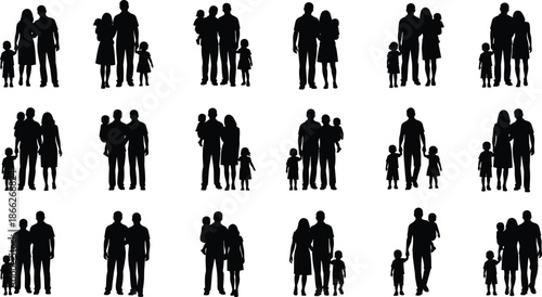 Family silhouette vector set, parents children standing together, black isolated people figures for social concepts illustration design collection
