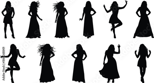 Female dancing silhouette vector set, elegant woman poses, black isolated figures for party fashion design graphics illustration collection