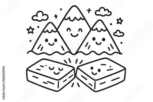 Playful Mountain Doodles. Cheerful doodle mountain formation scene with happy peaks, cartoon tectonic plates with faces colliding