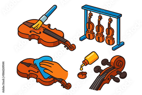 Violin Crafting Stages. Isometric vector illustration set Violin Finishing Process: Varnish brush on surface, drying rack with