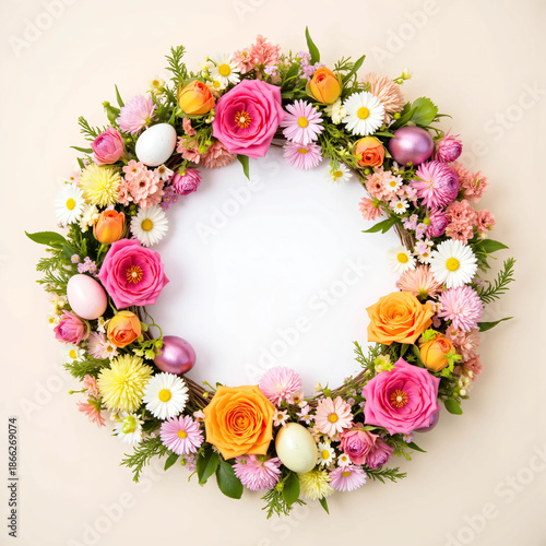 Wallpaper Mural Colorful Floral Wreath with Decorative Eggs on Soft Pastel Background Torontodigital.ca