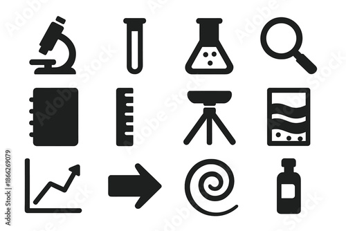 Laboratory Tools Icons. Solid style icons of laboratory and field research tools: microscope, test tube, flask, magnifying glass,