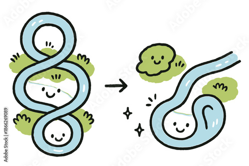 Cartoon Oxbow Lake Formation. Playful doodle oxbow lake formation with happy river loops, cartoon water cutting through, smiling