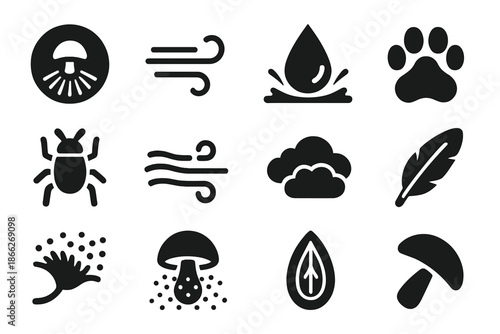 Spore Dispersal Icons. Solid style icons of Spore dispersal: spore print, wind gust, raindrop splash, animal paw, insect carrier,