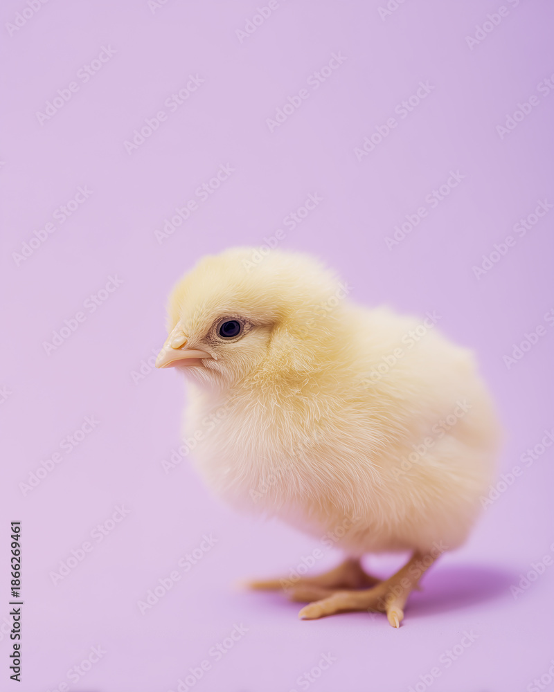 Fototapeta premium Cute little yellow chick with fluffy fur sitting on pastel background. Minimalist 3D illustration with copyspace for Easter design.