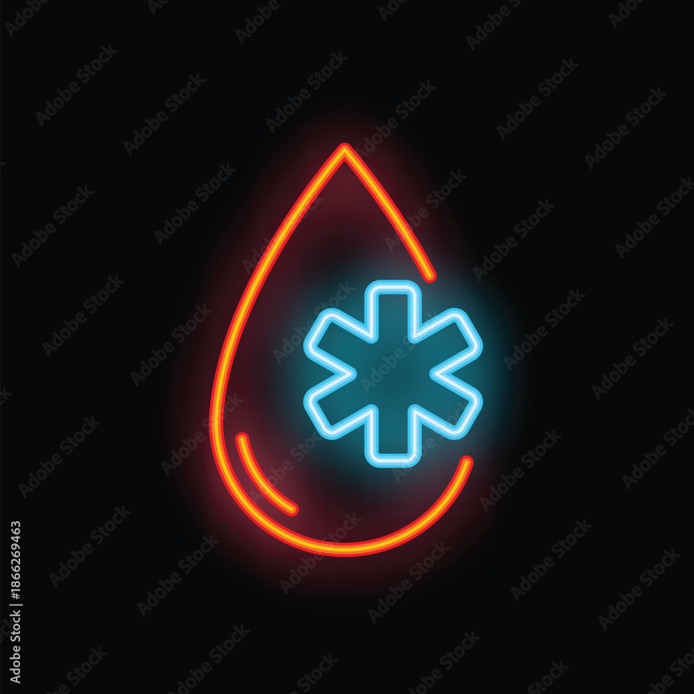 Obraz premium Glowing neon icon representing the concept of blood donation, with a bright red blood drop and a blue medical symbol
