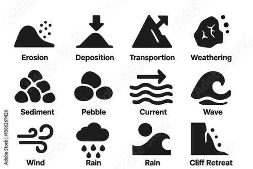 Natural Processes Icons. Solid style icons of Natural Processes: Erosion, Deposition, Transportation, Weathering, Sediment, Pebble