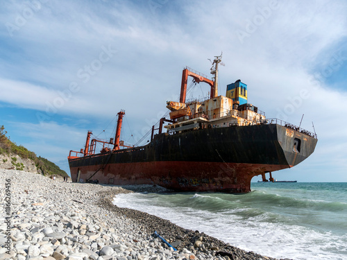 August 22 2025 Cargo ship RIO grounded near the shore of Kabardinka on the Black Sea coast Russia. Large vessel stranded close to the coastline after a maritime incident