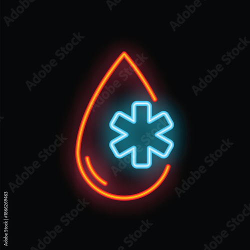 Glowing neon icon representing the concept of blood donation, with a bright red blood drop and a blue medical symbol