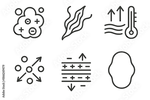 Plasma Line Icons. Line style icons of Plasma Behavior: ionized gas cloud, plasma filament, temperature gradient, particle