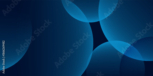 Dark blue abstract background with shiny geometric shape graphic. Modern blue gradient circles. Dynamic shapes. Horizontal banner template.