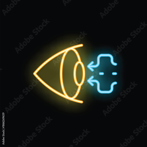 Neon glowing icon of eye scanning data stream with arrows on black background