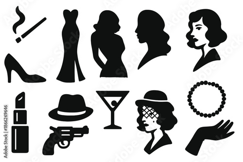 Noir Femme Fatale Icons. Solid style icons of Noir Femme Fatale: Cigarette Holder, Evening Gown, Shadow, Intrigue, High Heel,