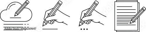 Hand writing pencil icon set, cloud notes and document symbols, black outline vector illustration for education design